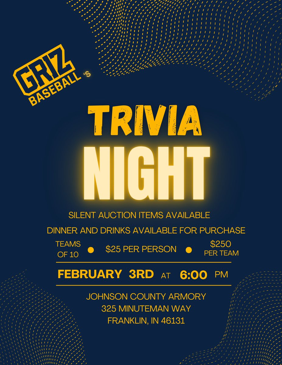 Coach Marshall (@fcgrizbaseball) on Twitter photo SAVE THE DATE! Trivia Night ‘24 is just around the corner! <a href="/FCGrizAthletics/">Franklin Grizzlies</a> #TEAMGRIZ SAVE THE DATE! Trivia Night ‘24 is just around the corner! <a href="/FCGrizAthletics/">Franklin Grizzlies</a> #TEAMGRIZ
