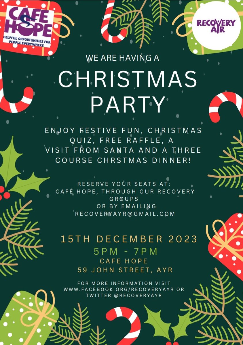 RecoveryAyr (@recoveryayr) on Twitter photo Its almost time for our family friendly Café Hope Christmas Party!
Have you got your free tickets yet?
Spaces are limited to get your ticket from Cafe Hope or from our team or recovery groups or sending a PM or email recoveryayr@gmail.com
<a href="/CafeHopeAyr/">Cafe Hope</a> <a href="/southayradp/">South Ayrshire ADP</a> <a href="/PING_Ayr/">PING</a> Its almost time for our family friendly Café Hope Christmas Party!
Have you got your free tickets yet?
Spaces are limited to get your ticket from Cafe Hope or from our team or recovery groups or sending a PM or email recoveryayr@gmail.com
<a href="/CafeHopeAyr/">Cafe Hope</a> <a href="/southayradp/">South Ayrshire ADP</a> <a href="/PING_Ayr/">PING</a>