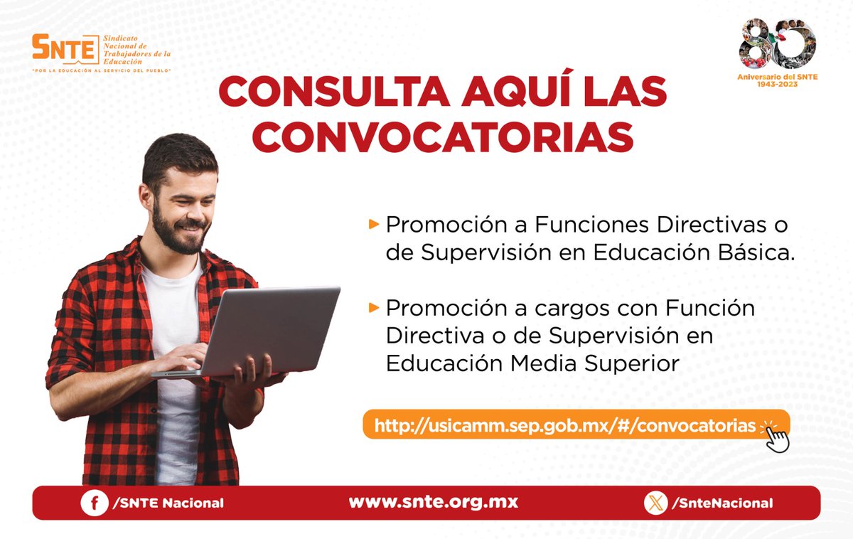 #80AniversarioSNTE 🌟 🙋 Si estás interesado en participar en el Proceso de Promoción 2024-2025 a Función Directiva✔️ o de Supervisión✔️ para 👇 📍 Educación Básica, y 📍 Educación Media Superior Entra aquí y consulta las bases 👇👇 usicamm.sep.gob.mx/#/convocatorias