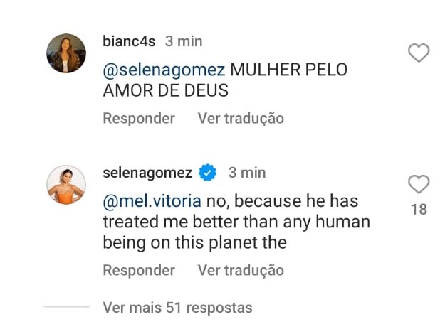 selenagomezbr's tweet photo. “Ele me tratou melhor do que qualquer ser humano nesse planeta”

– Selena Gomez sobre Benny Blanco nos comentários do nosso Instagram. https://t.co/kCGaahQIEs