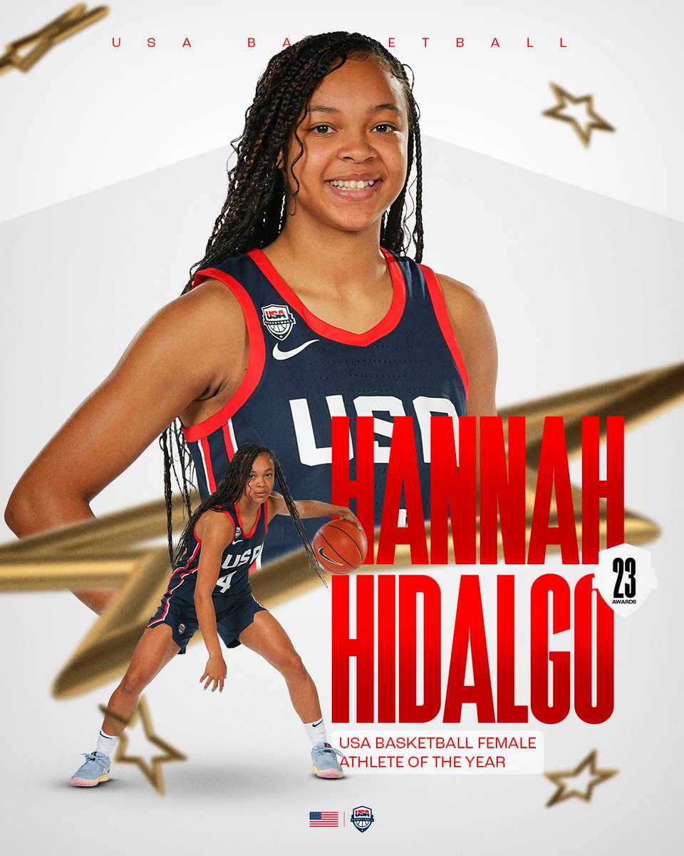 A name you will not forget.

@HannahHidalgo, who averaged 10.7 points & 5.4 assists to lift the 🇺🇸 #USABWU19 team to gold, is the 2023 USA Basketball Female Athlete of the Year!

🏆 #USABAwards
