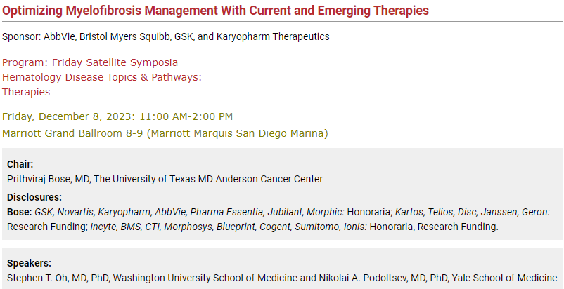 Come get the latest updates on #Myelofibrosis with our Co-Chief Dr. Stephen Oh @mpndoc at #ASH23 Friday 12/8 Satellite Symposia on Current & Emerging Therapies in Myelofibrosis Management #mpnsm