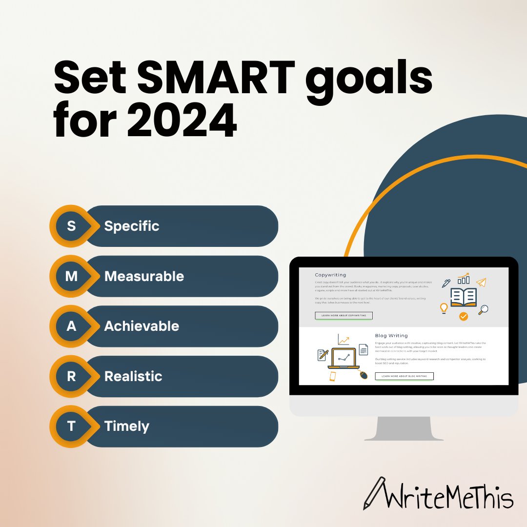 WriteMeThisUK's tweet photo. Why set SMART goals for 2024?

✍ SMART goals enable you to create achievable, yet ambitious goals, while understanding the effectiveness of your chosen approach.

What are your SMART goals for 2024? If you need help setting objectives, email holly@writemethis.co.uk. https://t.co/h9MHW2dgfM
