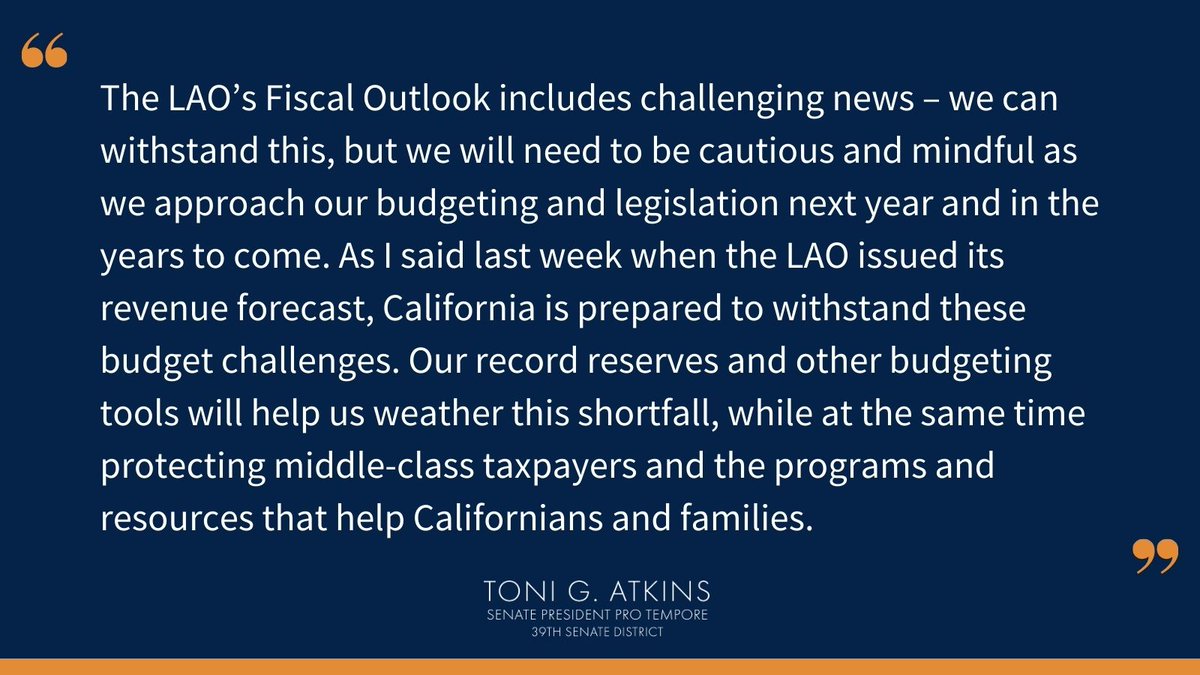 California is prepared to withstand the budget challenges highlighted by <a href="/LAO_CA/">Legislative Analyst</a>’s Fiscal Outlook. My full statement ↓