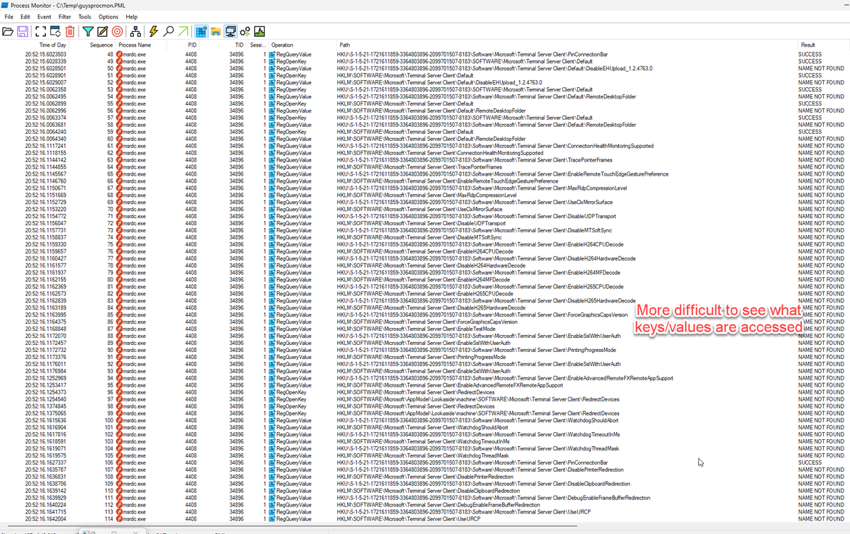 guyrleech's tweet photo. If you're trying to figure out what registry keys/values a process looks for, eg looking for "interesting" values to enable logging etc, using @SysInternals #procmon, filter on the process/exe of interest & then look at the registry summary rather than the trace https://t.co/z6fNOX5Mks