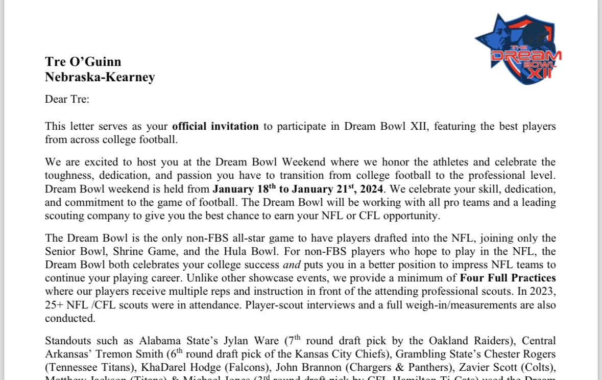 TreOguinn's tweet photo. Blessed to receive an invitation to the dream bowl ‼️ https://t.co/F9iyQmWKqo