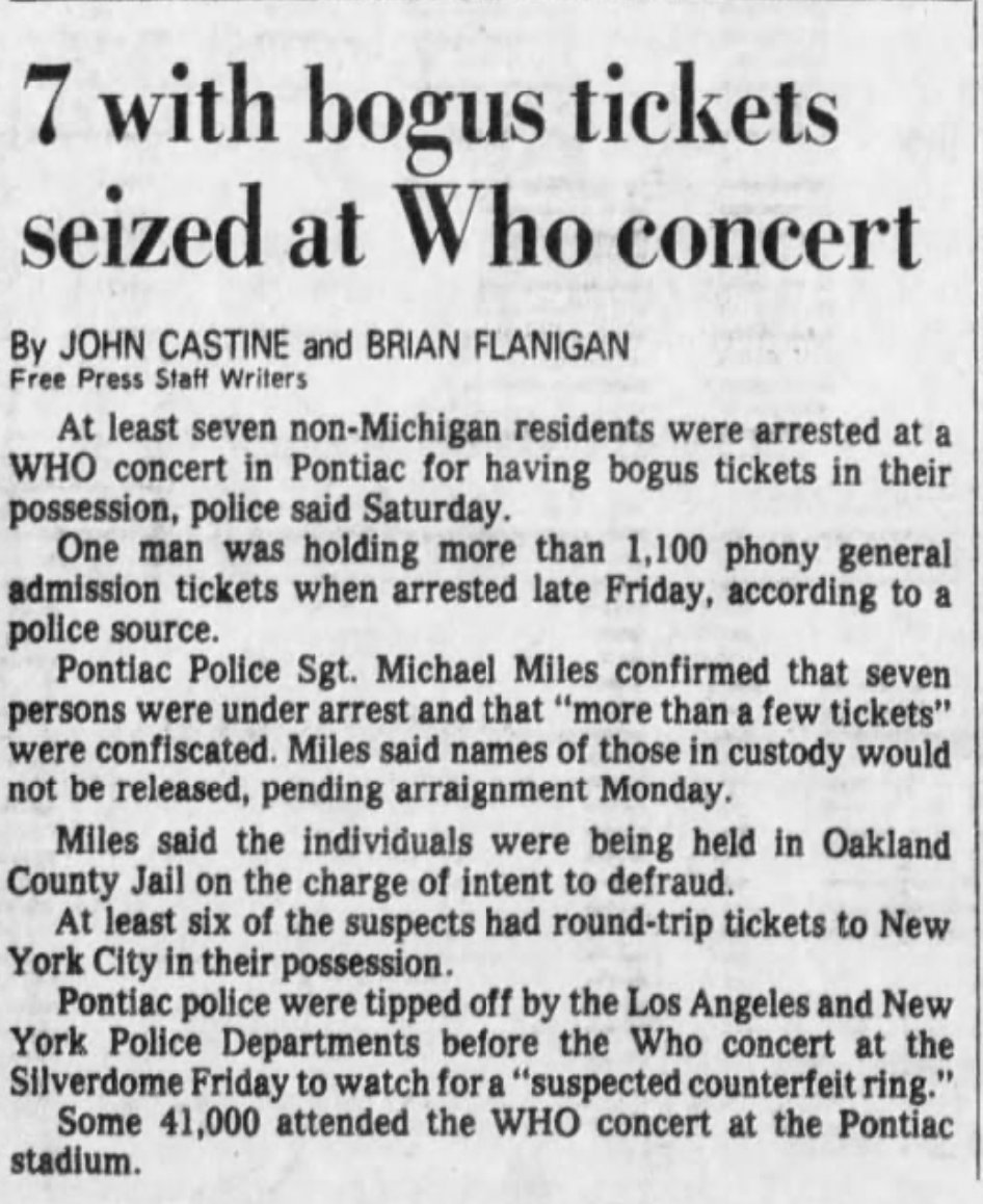 Detroit70s's tweet photo. Dec 7 1979: Police are tipped off regarding a bogus Who ticket ring at the Silverdome. https://t.co/mEXHNFX6eT