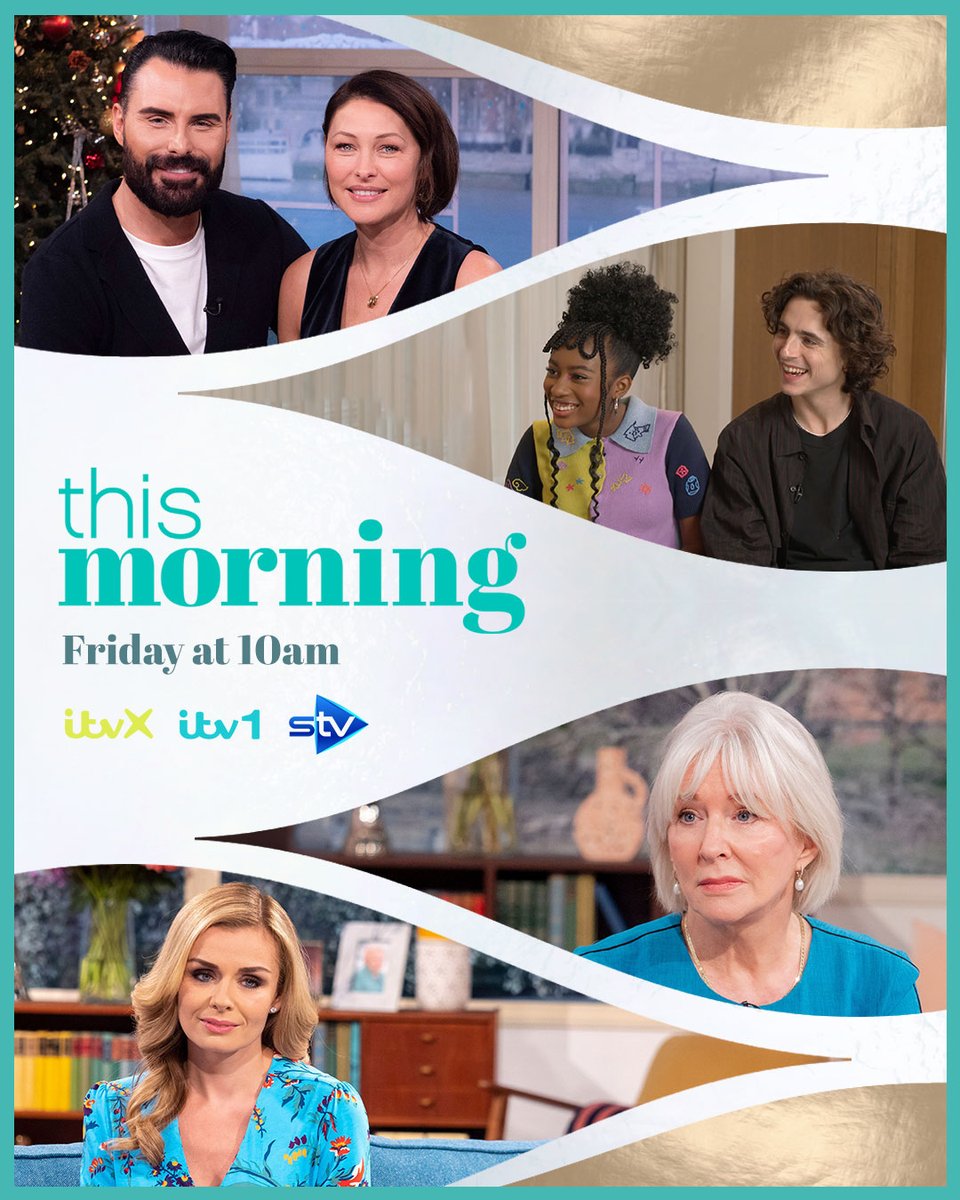 Joining @Rylan & @EmmaWillis tomorrow on your Friday's edition of #ThisMorning:

🍫 The stars of Wonka, @RealChalamet & @calahlane.
📖 Former MP, @NadineDorries on her explosive new book.
🎶 @KathJenkins brings the Christmas cheer with a special performance.

Tune in tomorrow,…