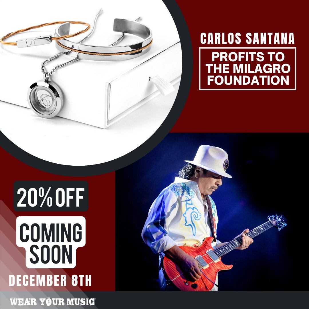 TOMORROW: 12/8 Save 20% on all guitar string jewelry made from strings used and donated by Carlos Santana. Profits to Milagro Foundation. Only available at @wearyourmusic : bit.ly/3SKW1to