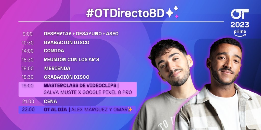 OT_Oficial's tweet image. 🤓 ¡Muy buenos días! 💿 Hoy es día de grabar el disco, reunirse con los AR&apos;s de Universal, recibir una masterclass de @salvamuste y, a las 22h en @PrimeVideoES, &quot;OT Al Día&quot; con Alex Márquez y Omar. 🔴 En DIRECTO 👉🏻 youtu.be/zZeHJYowmRI #OTDirecto8D 💙✨