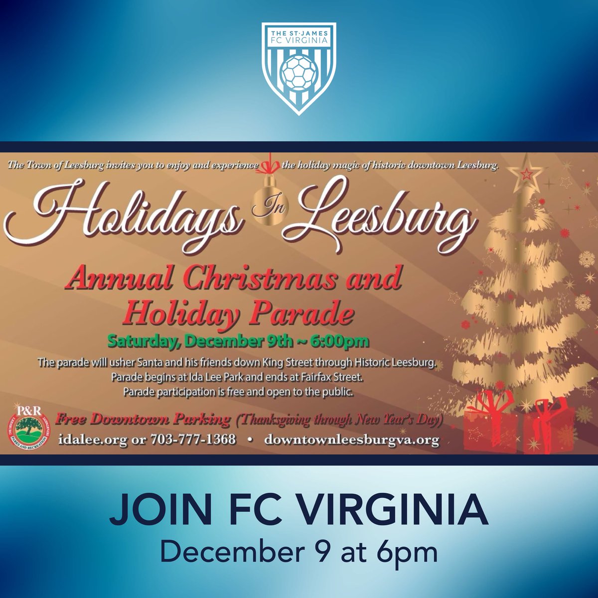 WeareFCVR's tweet photo. 🌟Join #FCV at the Holidays in Leesburg parade this Saturday at 6pm! FCV is proud to participate with a float this year. 🔜 The parade is open to the public and will begin at Ida Lee Park and end at Fairfax Street. 🎄We look forward to seeing you there! @IdaLeeRec @WeareFCVR https://t.co/vX9oGFUZBh