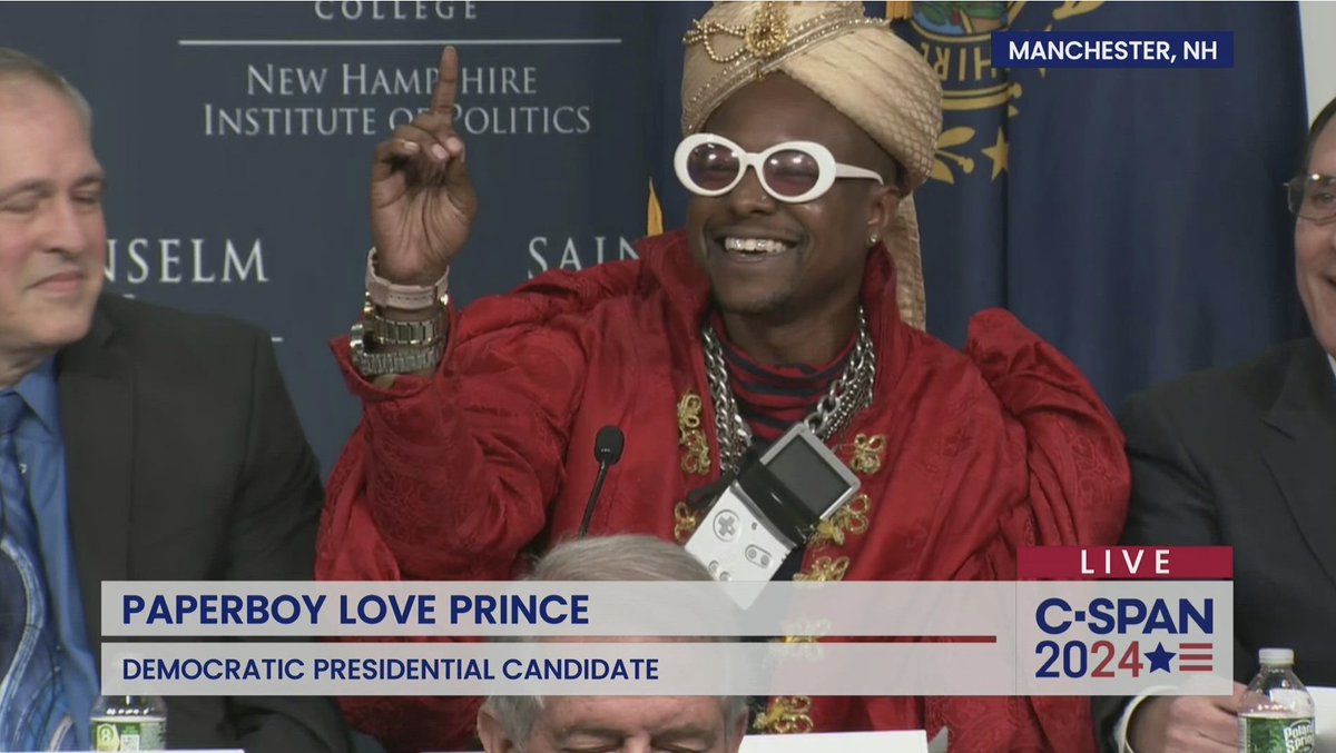 HowardMortman's tweet image. Now LIVE on C-SPAN from New Hampshire: a forum for lesser-known presidential candidates, such as Paperboy Love Prince and  Vermin Supreme c-span.org/video/?532244-…
