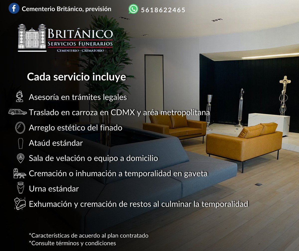 Un plan de previsión, te permite planear y dar solución para un futuro, te brinda seguridad y tranquilidad en los momentos mas difíciles. 

Británico servicios funerarios, pone a tu alcance planes de acuerdo a tus necesidades. 

Para mayor información ￼56 1862 2465

#britanico