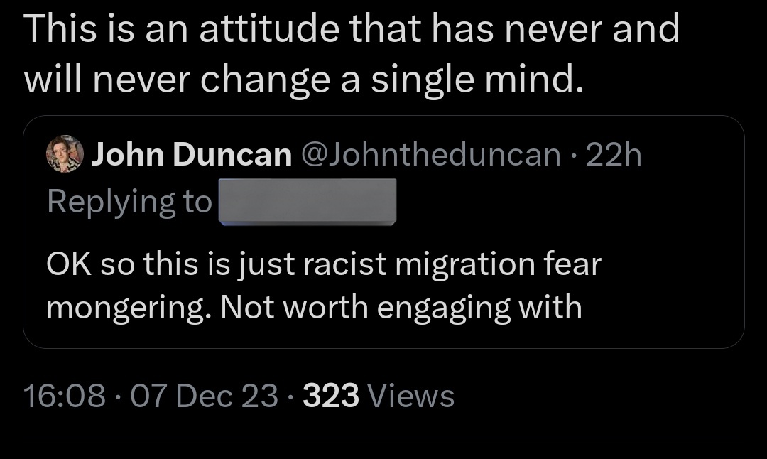 Absolutely no time for this kind of horseshit where people hide their obvious racist antimigrant attitude behind 'convincing people.' I am not going to sugar-coat describing racism so that it can more effectively convince you?