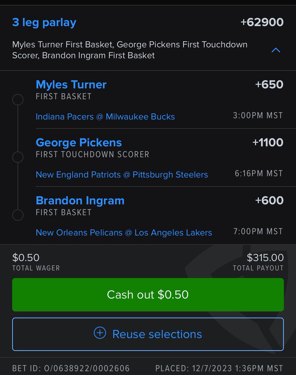SKGbets8's tweet photo. I’ve got a #FirstBasket and #FirstTD +62900 parlay in honor of the Megabowl Semifinals. $0.50➡️ $315 @SportsKillDill #SportsKill #NBA #NFL #GamblingTwitter #GamblingX https://t.co/dofxnf0KkL