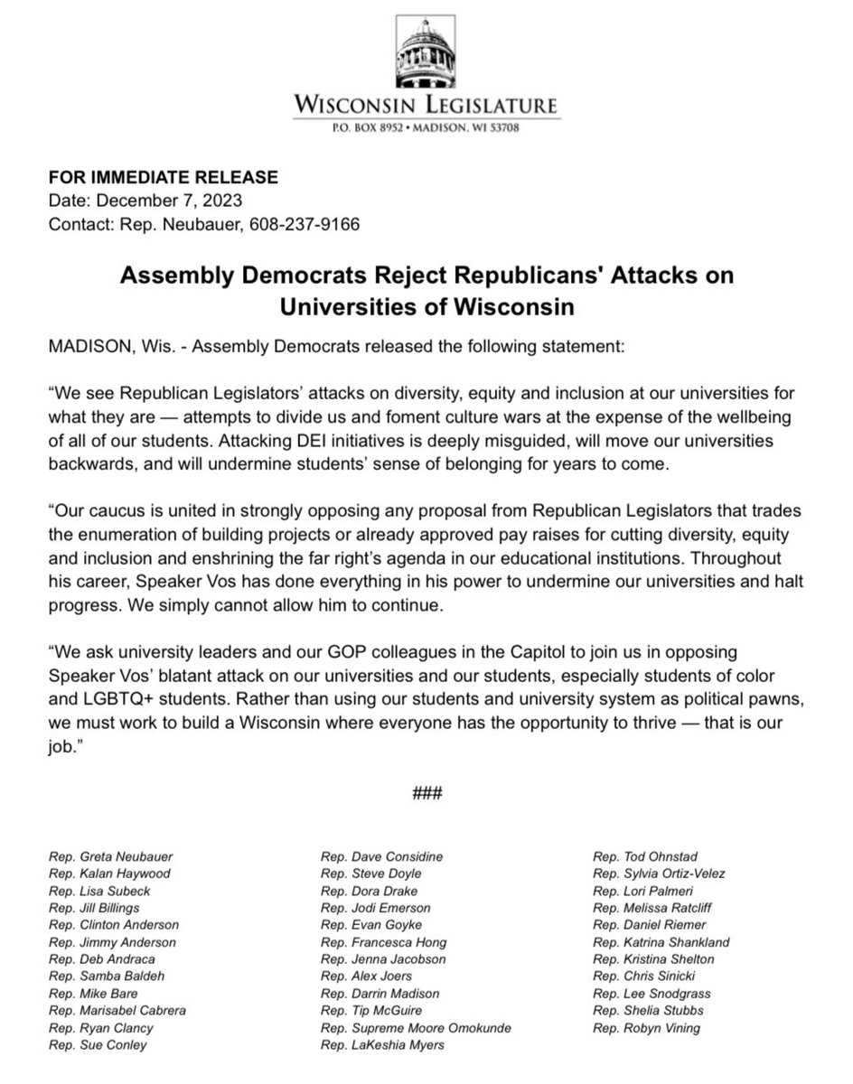 Representative Greta Neubauer (@repgreta) on Twitter photo We see Republican Legislators’ attacks on diversity, equity and inclusion at our universities for what they are — attempts to divide us and foment culture wars at the expense of the wellbeing of all of our students.
<a href="/AssemblyDemsWI/">Wisconsin Assembly Democrats</a>’s full statement is below: ⬇️ We see Republican Legislators’ attacks on diversity, equity and inclusion at our universities for what they are — attempts to divide us and foment culture wars at the expense of the wellbeing of all of our students.
<a href="/AssemblyDemsWI/">Wisconsin Assembly Democrats</a>’s full statement is below: ⬇️