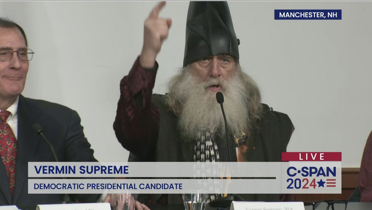 HowardMortman's tweet image. Now LIVE on C-SPAN from New Hampshire: a forum for lesser-known presidential candidates, such as Paperboy Love Prince and  Vermin Supreme c-span.org/video/?532244-…