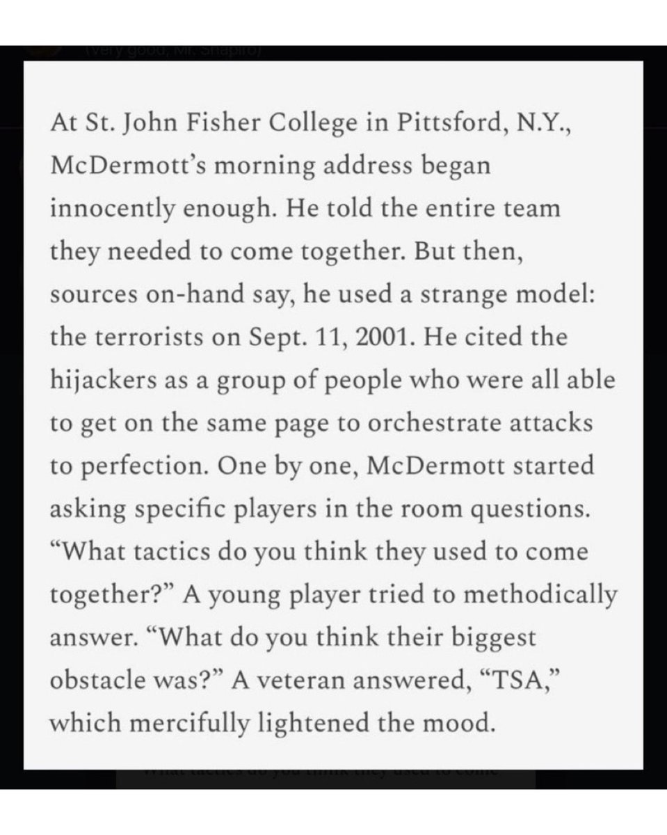 jasrifootball's tweet photo. #Bills head coach Sean McDermott used the 9/11 terrorist attacks as a metaphor on how to build team camaraderie in a team meeting, according to a recent article by @TyDunne 

“He cited the hijackers as a group of people who were all able to get on the same page to orchestrate attacks to perfection.”

He apologized today for this, saying: “My intent in the meeting that day was to discuss the importance of communication. ... I regretted mentioning 9/11 in my message that day, and I immediately apologized to the team."

Full Article Here: https://t.co/qqntpSGo9R