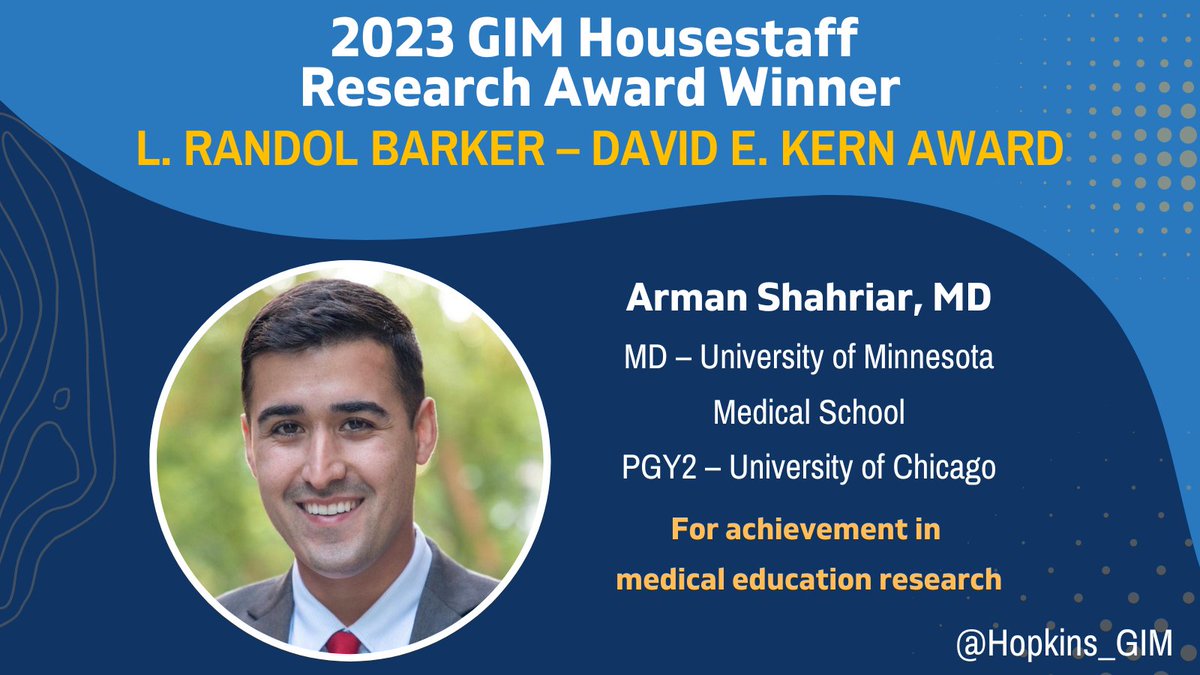 Hopkins_GIM's tweet photo. Our third award recipient for the #HopkinsGIM Housestaff Research Awards is Dr. @ArmanAShahriar

Join us on Friday, Dec. 15, for a presentation by Dr. Shahriar — our 2023 L. Randol Barker – David E. Kern Award winner! https://t.co/NnMroQAlYK