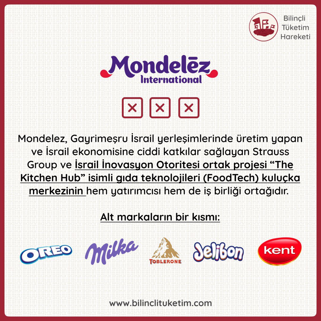 - Milka
- Oreo
- Jelibon
- Toblerone
- Kent

Kendi çocuklarımızı sevindirirken
işgal altındaki kardeşlerimizin çocuklarını üzüyor olabilir miyiz ?

Paylaş Boykotu Unutturma ⚠️