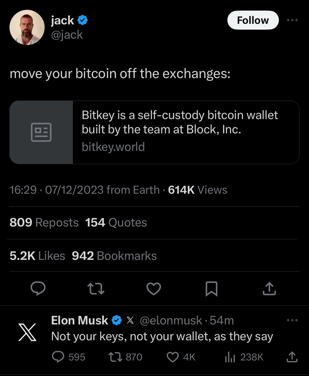 Nothing to see here, just Jack Dorsey and Elon Musk posting about the importance of self custody in crypto
#notyourkeysnotyourcoins