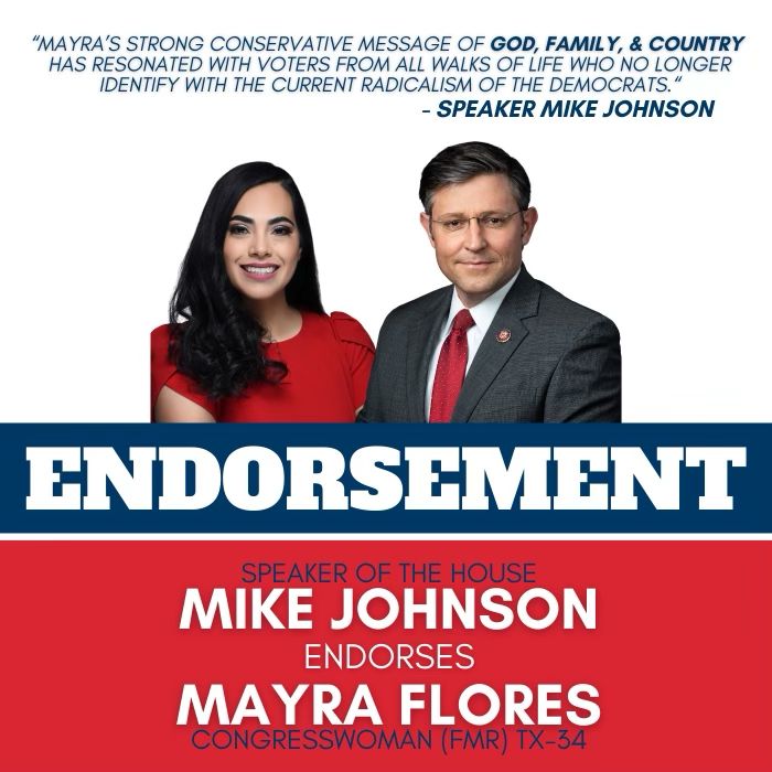 MayraFlores4TX's tweet photo. I am proud to have the endorsement of proven conservative champion Speaker Mike Johnson in our race for Congress.

 My opponent Vicente Gonzalez has voted in lock step with Joe Biden to create the failures facing our country today. 

With Speaker Johnson’s support, we will continue building momentum in our campaign to retake TX34, secure our border, lower costs, create jobs, and improve the lives of every family in the Rio Grande Valley, and I look forward to working with Speaker Johnson to do just that once I’m elected.

#TheAmericanDream 🇺🇸