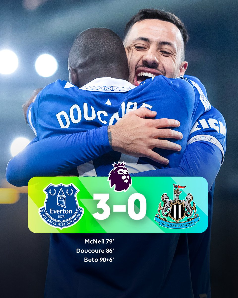 premierleague's tweet photo. Three goals, three points, job done 🤝

An emphatic Everton win 🔵

#EVENEW https://t.co/r9mity5QNn