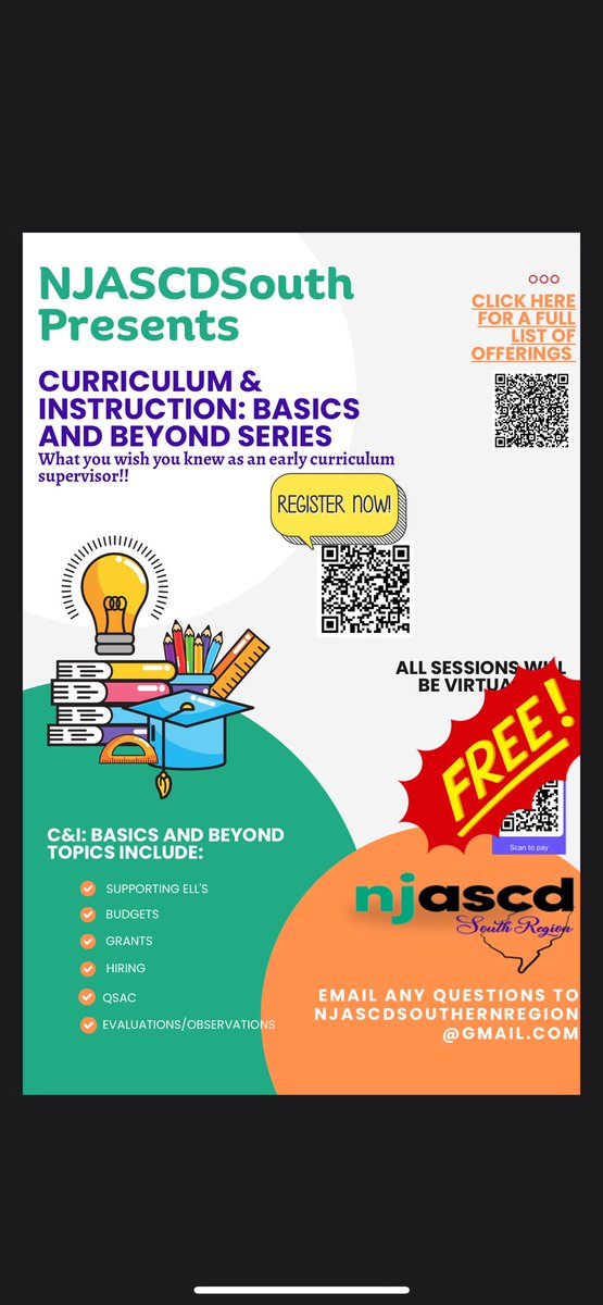 All sessions are free! Scan the QR code to register!! Spread the word to all novice curriculum supervisors/directors! #njascd #njpsa #curriculum #supervisors