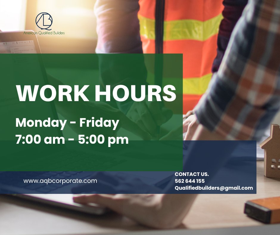 We want to be available when you need us. Our service hours at American Qualified Builders are from Monday to Friday, from 7 am to 5 pm. Contact us during these hours to start your next construction project!
562 644 1455
#ServiceHours #AmericanBuilders #ProfessionalConstruction