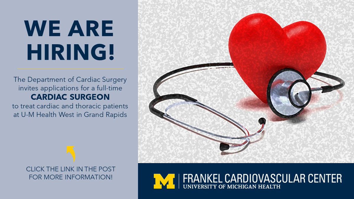 We’re accepting applications for a Cardiac Surgeon to treat patients at U-M Health West in Grand Rapids as part of the Cardiovascular Network of West Michigan. Responsibilities include pre-op evaluation, operative care, and post-op care. @umichCVC jobs.ctsnet.org/jobs/view/card…