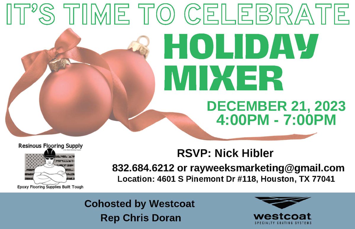 Join us for a Holiday Mixer, cohosted by Westcoat Rep Chris Doran. Come check out some new products, grab some swag, get hands-on training, & take advantage of some sales! Food drinks will be provided. RSVP: (832) 426-4599 / rayweeksmarketing@gmail.com #houston #houstonevent
