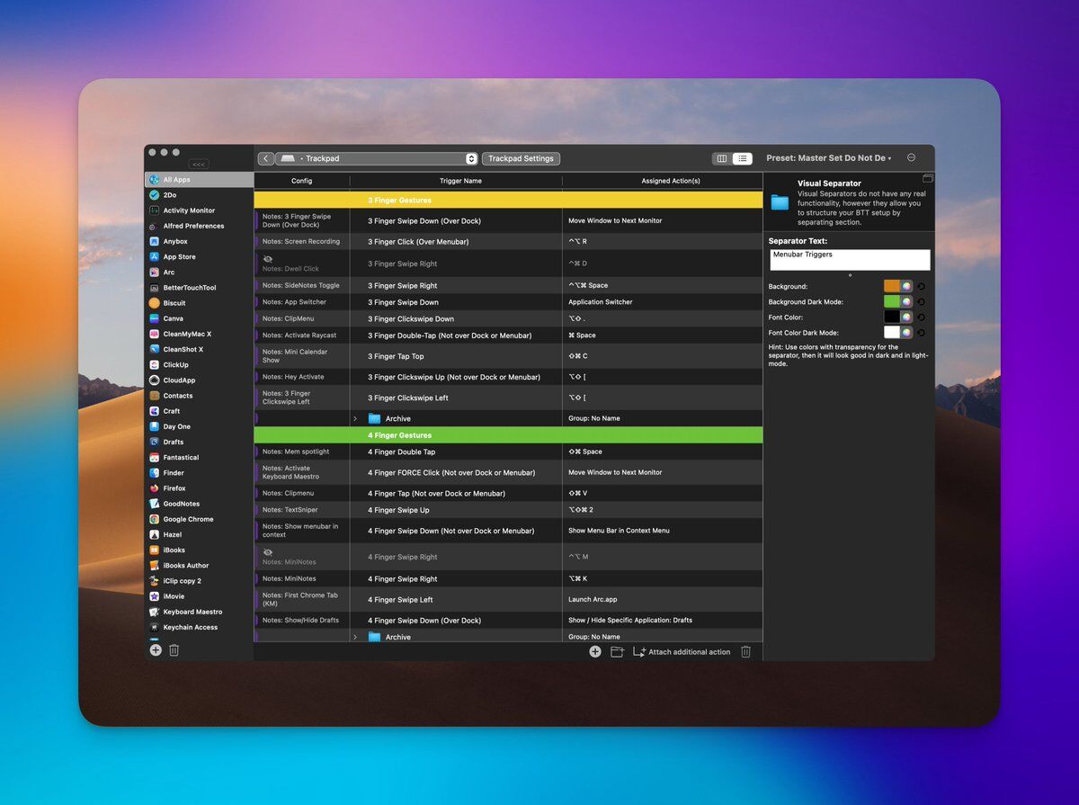 macautotips's tweet image. &quot;Using BetterTouchTool (BTT), I&apos;m able to perform numerous actions with just a swipe on my trackpad. Check out these sample actions. #BetterTouchTool