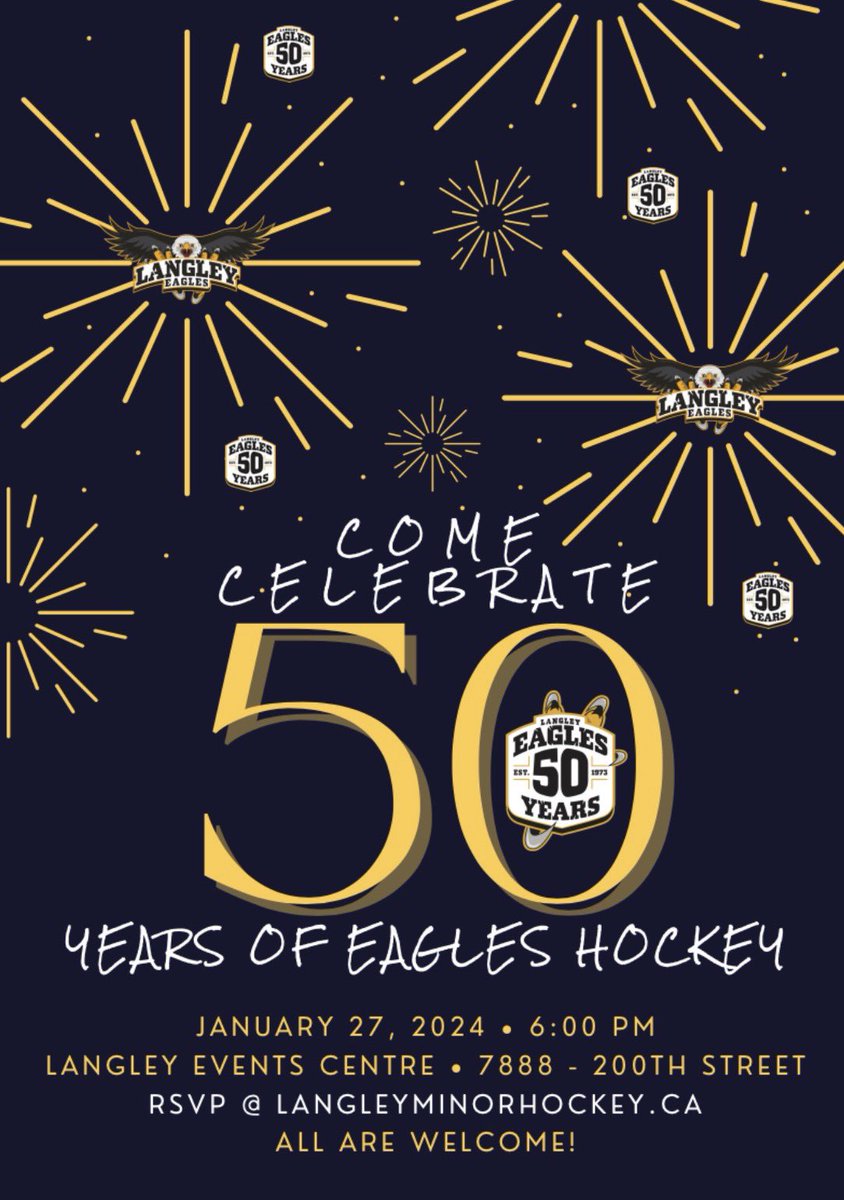 Calling all LMHA Alumni from the 70’s, 80’s, 90’s, and 2000’s! It’s time to celebrate 50 years of Eagles hockey and we hope you will join us!
Doors open at 6pm on Saturday, January 27th, 2024 at the Langley Events Centre. RSVP TODAY!

langleyminorhockey.ca