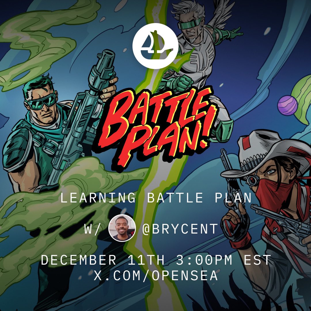 opensea's tweet photo. An auto-brawler like no other. 

Next Monday (12/11) at 3pm ET we’re streaming @pixelvault_’s “Battle Plan!” with @brycent right here on @X! https://t.co/kXZexUY4aR