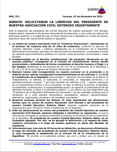 Sumate's tweet image. Solicitamos la libertad plena del presidente de nuestra Asociación Civil @Sumate Roberto Abdul, detenido injustamente ayer miércoles 07 y hasta esta hora (6pm) se desconoce el lugar de su reclusión, lo cual viola lo establecido en el Art. 45 de la Constitución. Ver comunicado👇