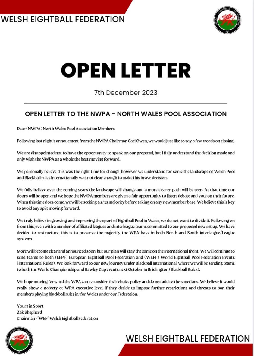 blackballpool's tweet image. The Welsh Eightball Pool Federation will be sending teams to both the Blackball International 2024 World Championships and Hawley Cup events next October in Bridlington, England.
#blackballpool #8ball #pool
#worldchampionships #bridlington