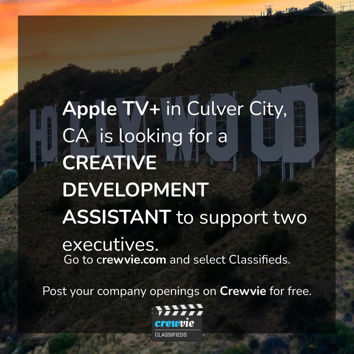 crewvie's tweet photo. Apple TV+ in Culver City, CA is looking for a CREATIVE DEVELOPMENT ASSISTANT to support two executives. #nowhiring .@AppleTV .@HWDCommission 

Learn more or share: https://t.co/JC2JqCOAeo https://t.co/5eCtzDWQRn