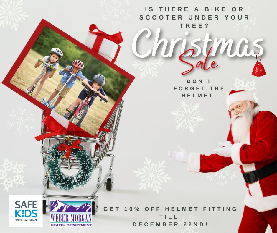 Get 10% off a new bike/scooter helmet fitting between now and Christmas. (Bell Bike Fitting/Helmet Cost- 11$). Contact Weber-Morgan Health Department to make an appointment today! Ogden Office: 801-399-7186 and Morgan Office: 801-399-7182. #healthyholidaygifts #OgdenUT