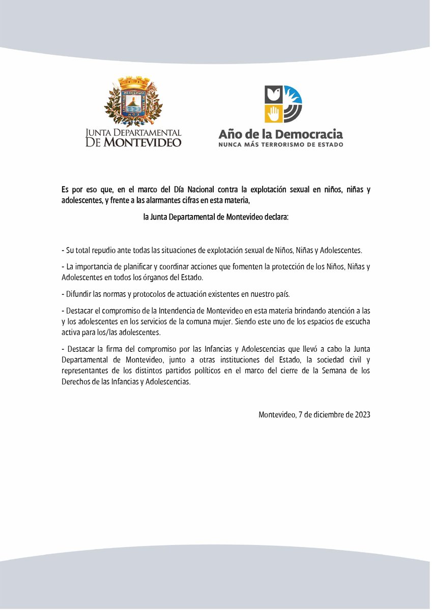 En Sesión Ordinaria de hoy, la #JDM realizó una declaración de repudio a los hechos de explotación sexual en el marco del Día Nacional contra la explotación sexual en niños, niñas y adolescentes.

+ Info sobre este y otros asuntos votados en: bitly.ws/34Rwp