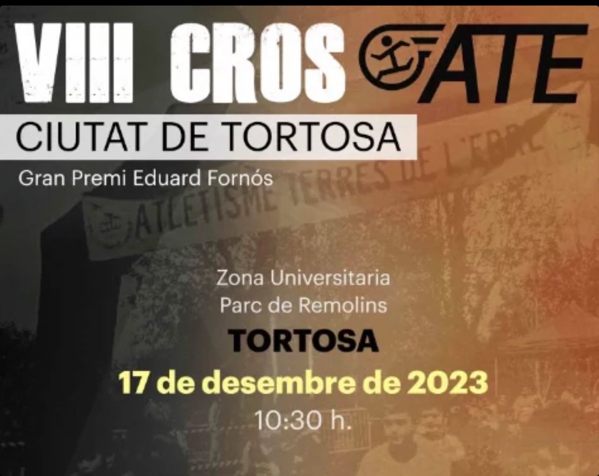Diumenge vinent dia 17 de desembre es celebrarà el VIII Cros ATE Ciutat de Tortosa. Gran Premi Eduard Fornos, organitzat pel <a href="/AteEbre/">ATE Atletisme Terres de l'Ebre</a> amb la col•laboració del <a href="/UCECcat/">Consells Esportius de Catalunya</a> del Baix Ebre i <a href="/Tortosa/">Ajuntament de Tortosa</a>. L'inici de la prova serà a les 10:30 al parc de la zona universitària de Remolins,