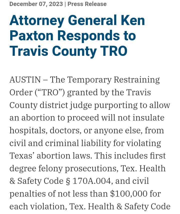 DoomScroling's tweet photo. Kate Cox was granted permission for an abortion today due to fatal fetal anomolies &amp; her own health being at risk.

The TX AG, responded that even though she's been granted permission for the needed procedure, hospitals &amp; drs will not be protected from prosecution. https://t.co/yOybSbdK74
