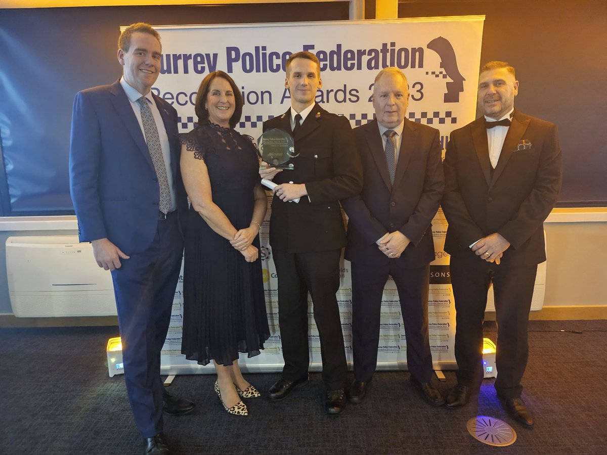 Our next #SurreyFedAwards winner is PC Harry Clark. Harry is dedicated to helping colleagues who are facing personal or professional difficulties. He has won the Federation Representative Award. With @PFEW_Tiff, our Secretary Tom Arthur and Chris Schutrups from Police Mortgages.