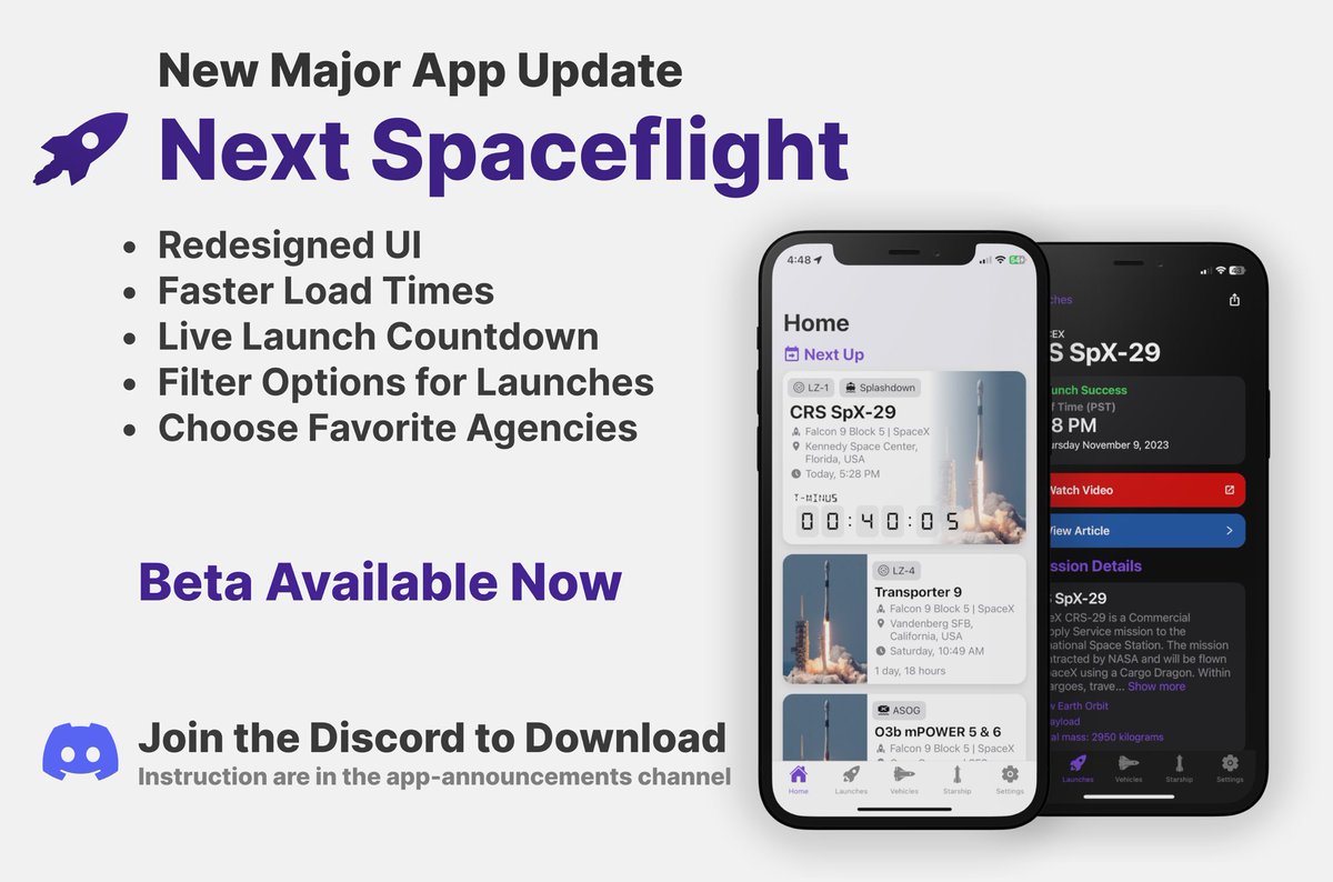 New app beta version out now! Join the discord to start testing and provide feedback: discord.gg/nextspaceflight