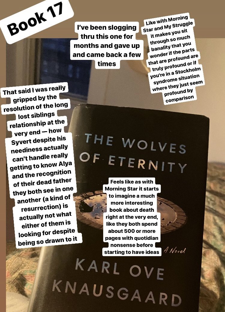 Book 17 ‘Wolves of Eternity’ by the boy Knausgaard Was talking to a friend about the emotional impact of The Irishman being enhanced by sitting in a seat for 3.5 hours when the sad old man DeNiro ending rolls around. Something similar happens with this book, for better or worse
