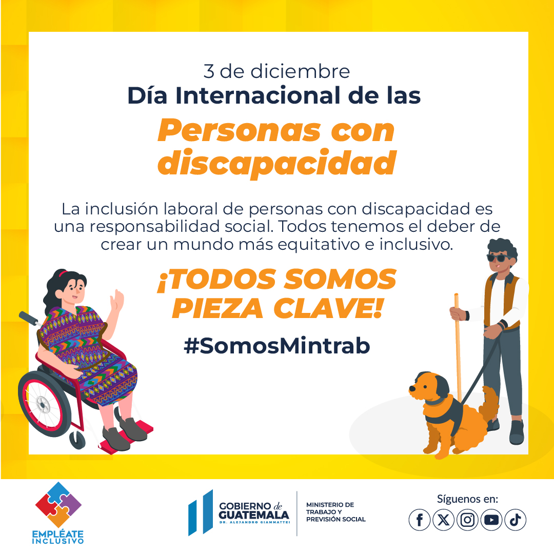 En el marco del Día Internacional de las Personas con Discapacidad, reflexionamos sobre la importancia de la inclusión laboral en nuestra sociedad. Juntos, podemos construir un mundo más comprensivo y accesible para todos.

#Somosmintrab #ONU #Discapacidad #EmpléateInclusivo