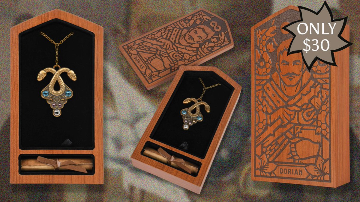 Take a piece of Dorian home with you in the decorative box that contains a love letter and his cherished twin headed snake necklace. Don’t worry you don’t need to complete Magister’s Birthright to order this.