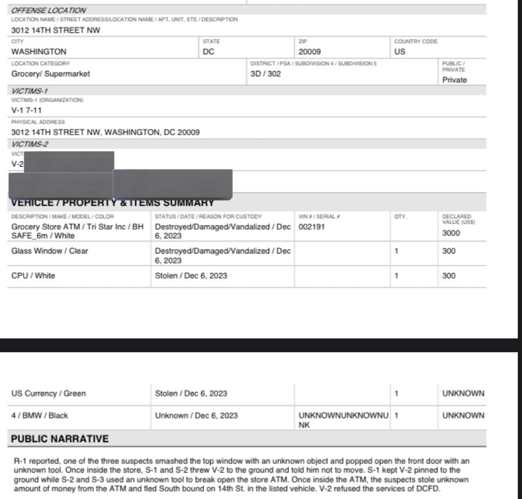 Here are the redacted police reports for both of these 7-Eleven ATM robberies in #PerworthDC & #ColumbiaHeightsDC. In both instances, employees were assaulted & in one case pinned to the ground.