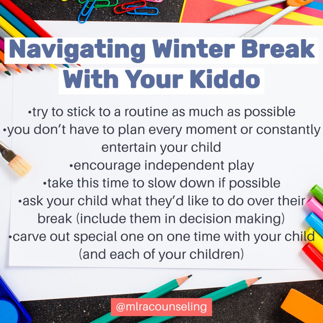 dailysmilez's tweet photo. ❄️Hard to believe that winter break is around the corner. With kids off for an extended period of time, typical routine is thrown out the window. Here are some tips to keep in mind while navigating this time with your kids. ❄️
#counselorshelp #mentalhealthmatters #parenting https://t.co/EvZB8x110b