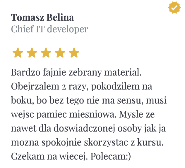 maniserowicz's tweet photo. Opinie o kursie "Programowanie Obiektowe: Fundamenty" od @JakubPilimon na naszej platformie #devbites
Zaraz podnosimy cenę, bo ta aktualna jest śmieszna.
Zapraszamy!
https://t.co/7SX1LUEYVV
#programowanie #oop #devstyle https://t.co/zJjUr5S2K3