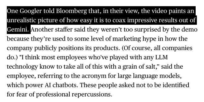 NEW w/ @shiringhaffary: Google's Gemini video went viral yesterday, with people calling it 'mindblowing' and 'unreal.' Sundar promoted it hard on X. But the tech doesn't work quite as well as people assume—and Googlers are calling that out internally bloomberg.com/news/newslette…